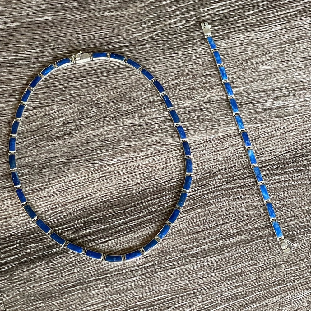Lapis Inlay Necklace and Bracelet Sterling Silver Jewelry Set